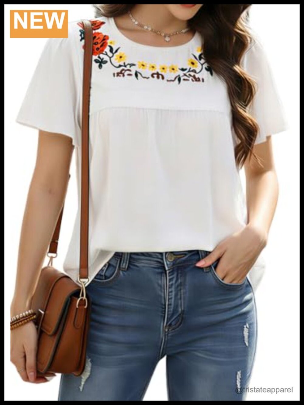 Boho Floral Embroidered Cotton Blouse Crewneck Short Sleeve Casual Peasant Top